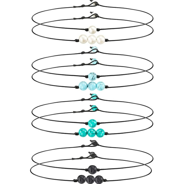 Women's Choker Necklace Set 3 Pack of Single Pearl With Turquoise Stone on Genuine Leather Cord Necklace For Girls pearl with Turquoise Stone Women's Choker Necklace Set 3 Pack of Single Pearl With Turquoise Stone on Genuine Leather Cord Necklace For Girls pearl with Turquoise Stone